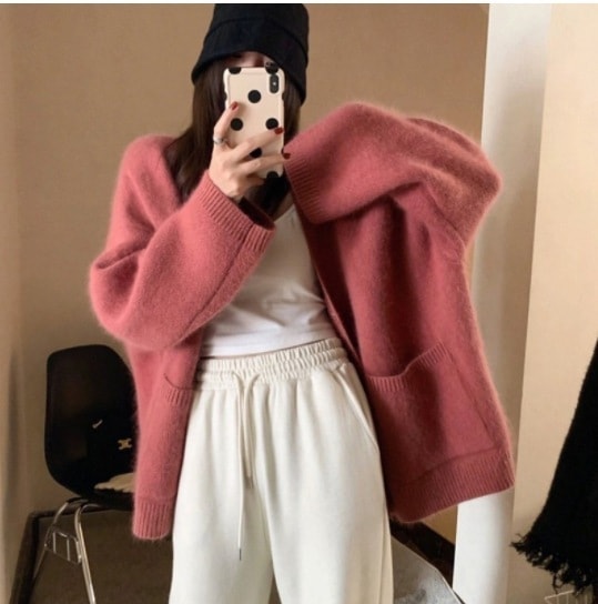 23風vネックニットカーディガン女性用欧米風セーター大きいサイズコートゆったり万能トップス