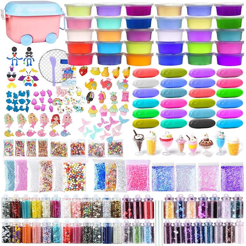 スライム キット 水晶粘土 DIY セット おもちゃ 手作りツール 金魚鉢ビーズ 果物切片 カラフルフォーム紙吹雪 含有54個入りふわふわクリスタル粘土 slime 6歳以上