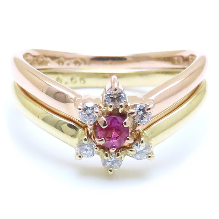 リング 2本セット ルビー ダイヤモンド 9号 K18YG イエローゴールドxK18PG ピンクゴールド /293544【中古】