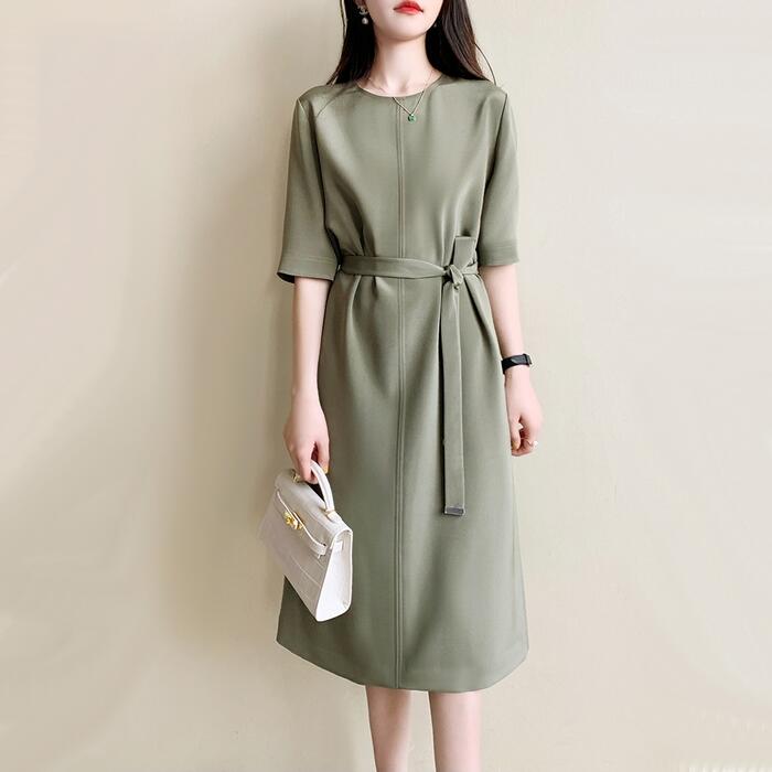 ワンピース ロングワンピ 袖あり レディース 五分袖 きれいめ エレガント カジュアル ひざ丈 おしゃれ 大人 可愛い ドレス 通勤 グリーン 緑 ピンク 春 秋 夏 20代 30代 40代 50代