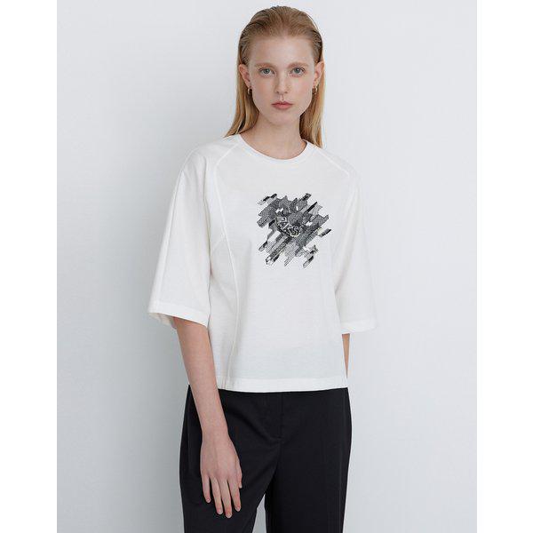 [24FW] [価格引下げ]ホワイト ハウンドトゥース装飾 綿混紡 7分袖Tシャツ DLTS4C701OW