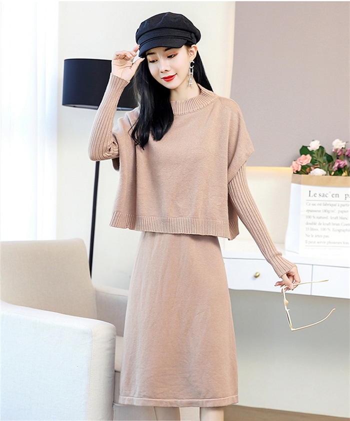 セットアップ　２点セット　ワンピーススーツ　レディース　ニットセット　セーター　ニットスワンピース　タイト　ハイネック　カジュアル　タートルネック　エレガント　通勤　OL　女性らしい　体型カバー　着痩