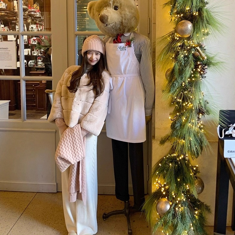 高貴なガーリーな雰囲気を持つリアルファーレッキスラビットファーコート女性セレブ娘韓国風シンプル