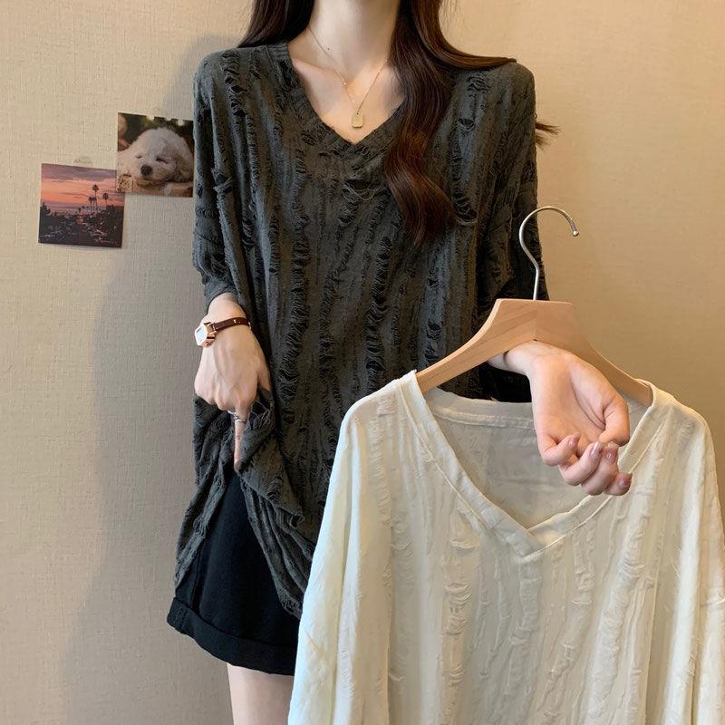 中长款遮肉显瘦破洞V领休闲百搭短袖上衣女300斤大码宽松洋气胖MM 4,423円