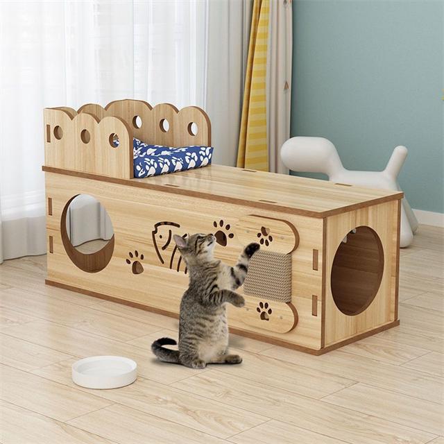 猫ハウス キャットハウス ベッド兼爪とぎ 猫箱 猫ベッド ネコ サイズS40cm 組み立て式 複合板 ストレス解消 通気 ペットハウス