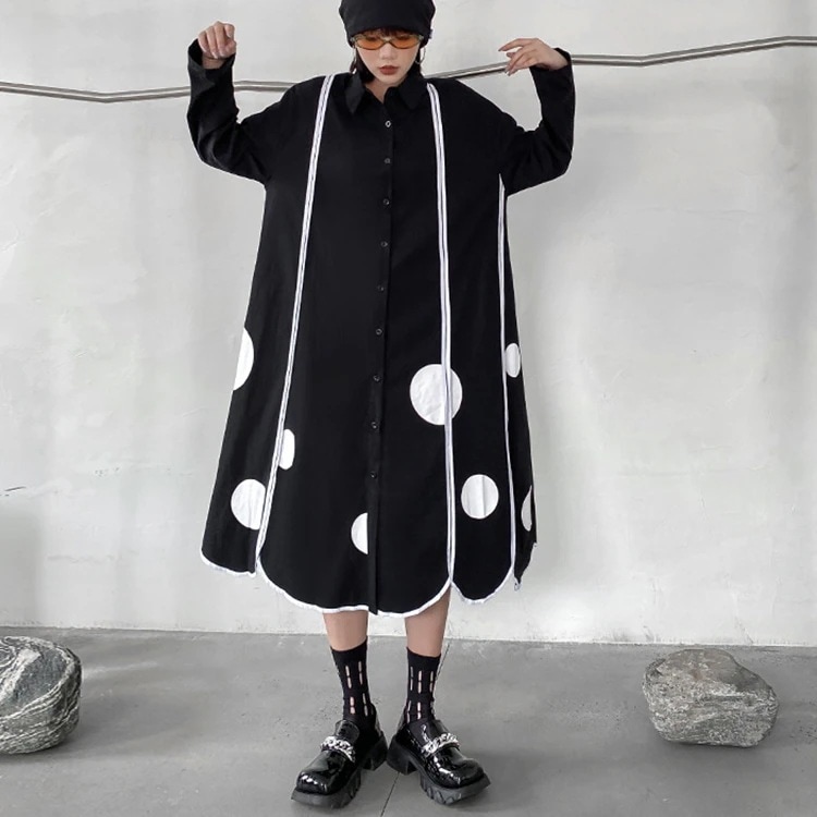 ドット柄ロングシャツワンピ シャツワンピース レディース ロング ワンピース 長袖 シャツワンピ Ａライン 羽織 個性的 モード系ビッグシルエット 体型カバー メンズクラシカル