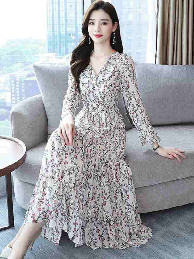 【2025新作入荷】ワンピース 長袖 レディース きれいめ ロング ミモレ 丈 ドレス フレア シフォン Vネック カシュクール 花柄 ハイウエスト 華やか フェミ