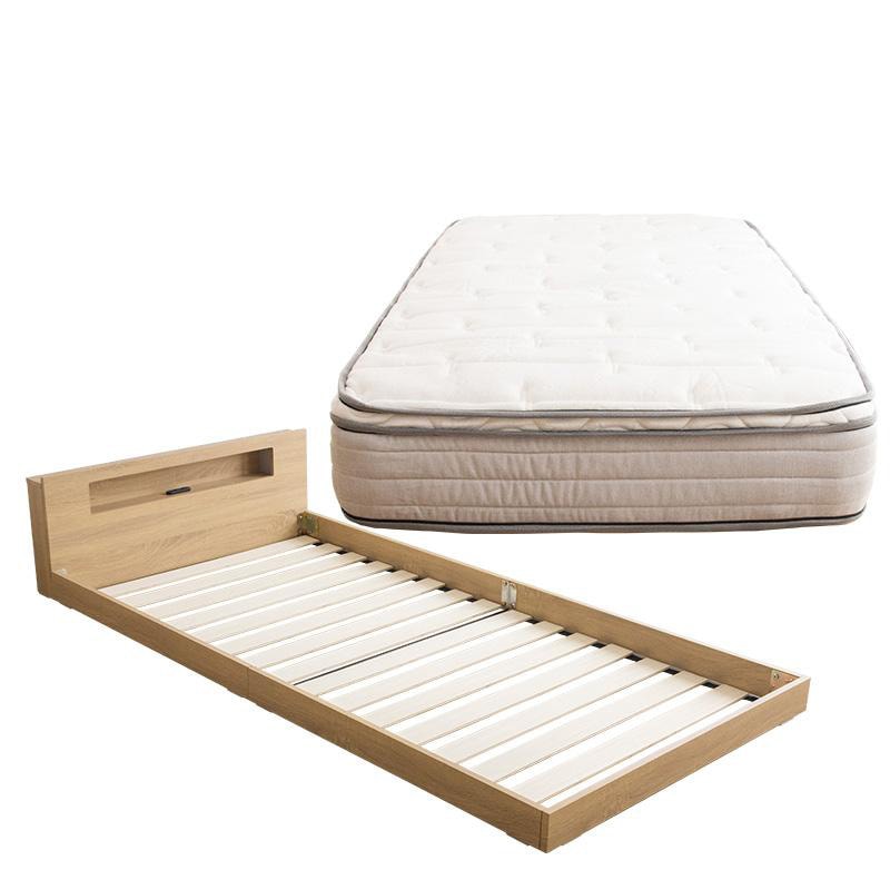 棚コンセント付き フロアベッド ベッド LED照明付き シングル+ユーロトップマットレス付き ロータイプ ローベッド ベット