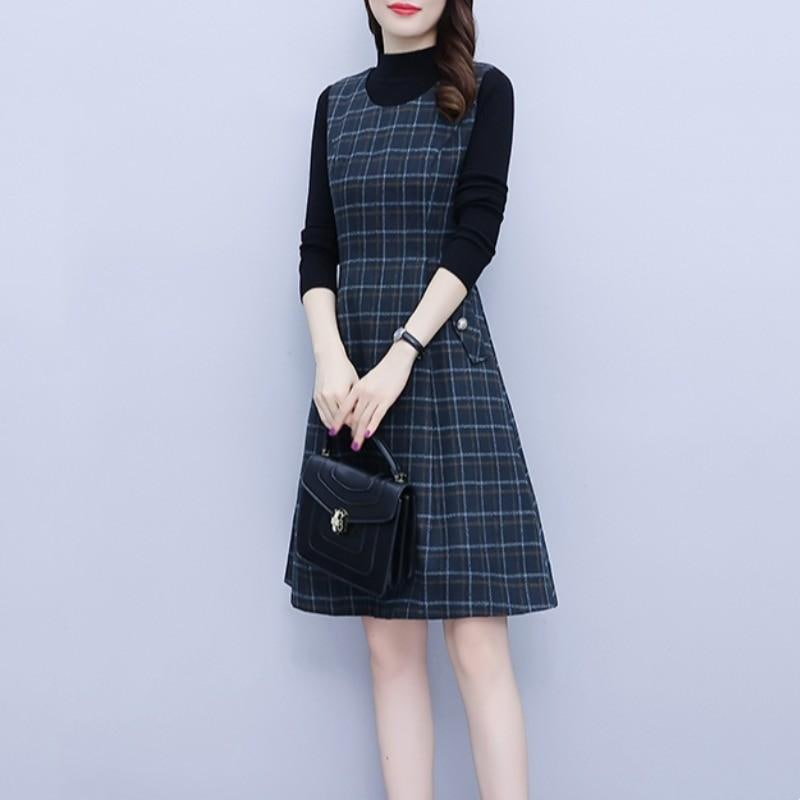 オーバーオール スカート ジャンパースカート レディース 春秋冬 ミセス 大きいサイズ チェック 柄 ハイウエスト Aライン スリム 膝丈 ポケット 立体裁断 黒ニット 暖かい 柔らかい 通気性 紺
