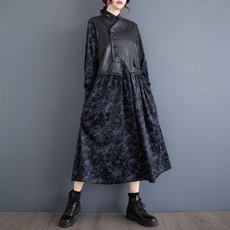 大きいサイズ チャイナ 「ファットガール」 レザードッキング レディース メガ割 ワンピース 2025秋新品 体型カバー 中華風 ロングワンピース