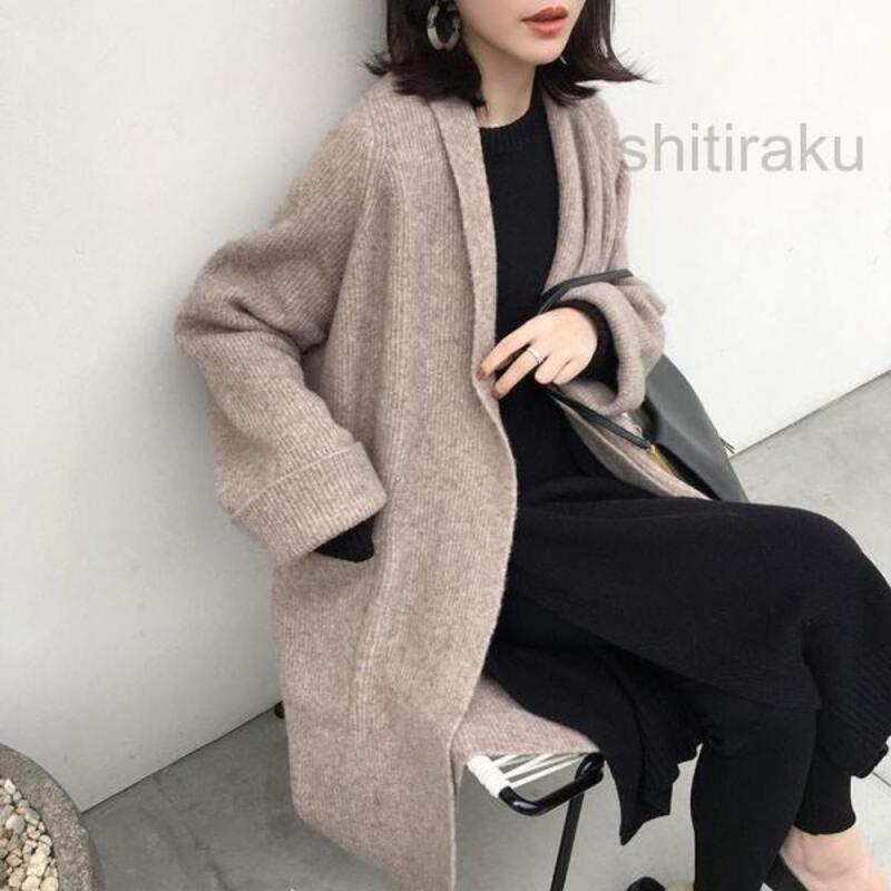 女性の長さニットコートニット秋冬カーディガンソリッドカラー長袖セーター膝丈アウタースリミングファッショナブルな