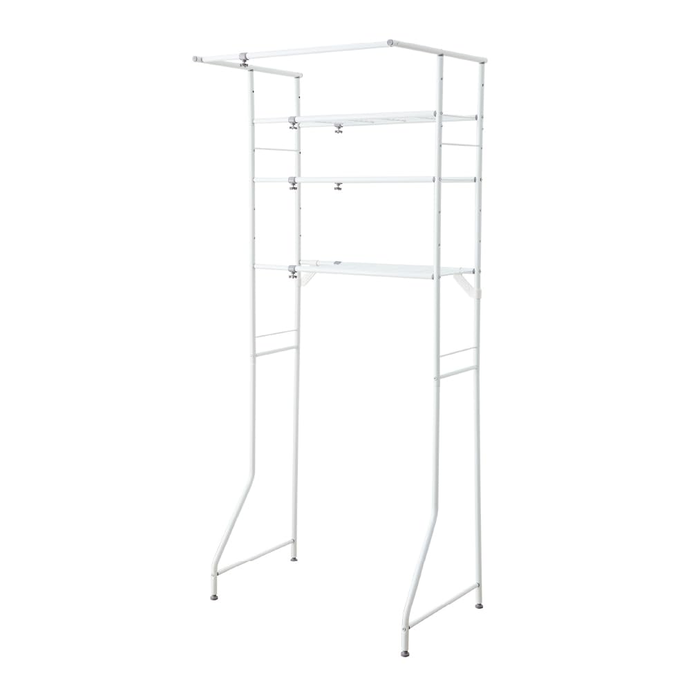 HEIAN SHINDO ランドリーラック 棚3段 ハンガーバー付き 横伸縮 縦型ドラム式両対応 ホワイト 幅60-93×奥行53×高182cm L-5