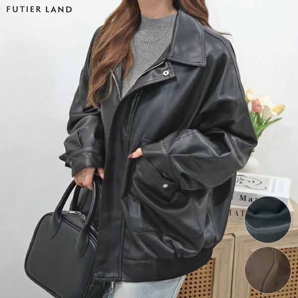 レザー アウター ジャケット テーラード フェイクレザー レザー風 ポケット付き リアル質感 レディース カジュアル 韓国ファッション / フェイクレザージャケット
