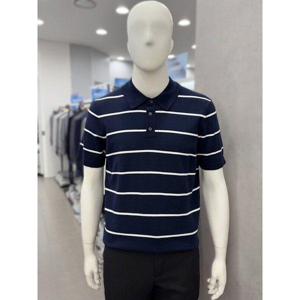 メンズ夏半袖洗濯可能なウォッシャブル綿100%ストライプポロカラーネックニットトップTシャツ2カラー_JK