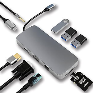 USB Cハブドッキングステーション10-in-1 USB Cアダプター4K HDMIVGAタイプC PDUSB 3.0ポートRJ45イーサネットSD/TFカードカード3.5mm補助