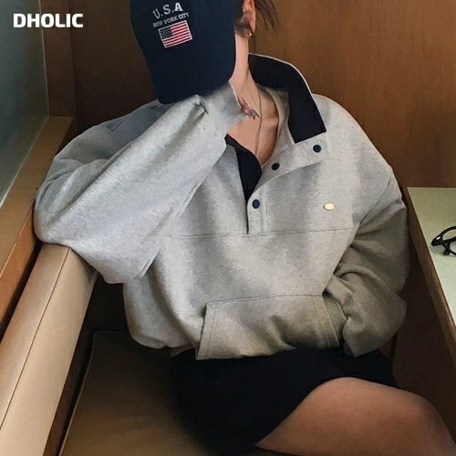 [メガ割りSALE]2WAY配色ハーフボタンマフポケスウェット