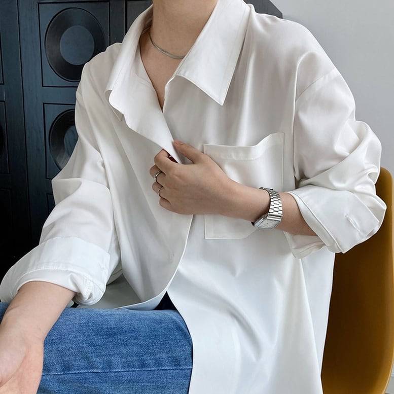 2color レディース バックボタンデザインシャツ トップス シャツ バックボタン 前後ボタン バックコンシャスシャツ ブラウス 襟付き 長袖 無地 ハリ感 オシャレ シアー シンプル 可愛い キレ