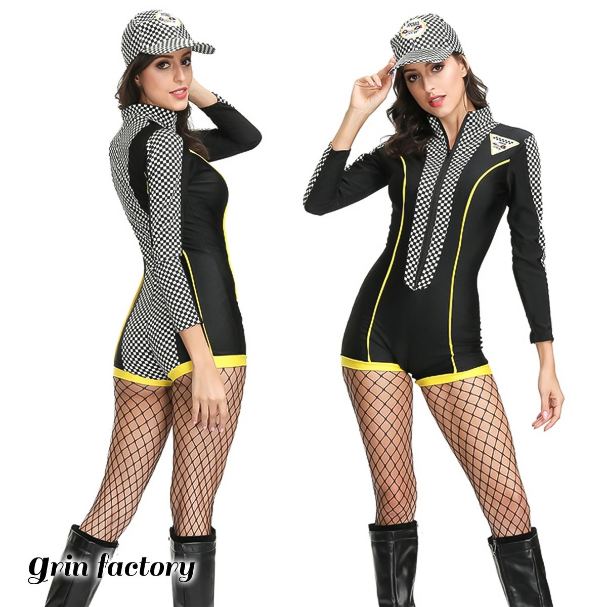 レースクイーン コスプレ ハロウィン 衣装 オールインワン チェッカーフラッグ 本格的 コスチューム 仮装 帽子 キャンギャル セクシー ボディコン 制服 ホットパンツ ショートパンツ 長袖 短パン