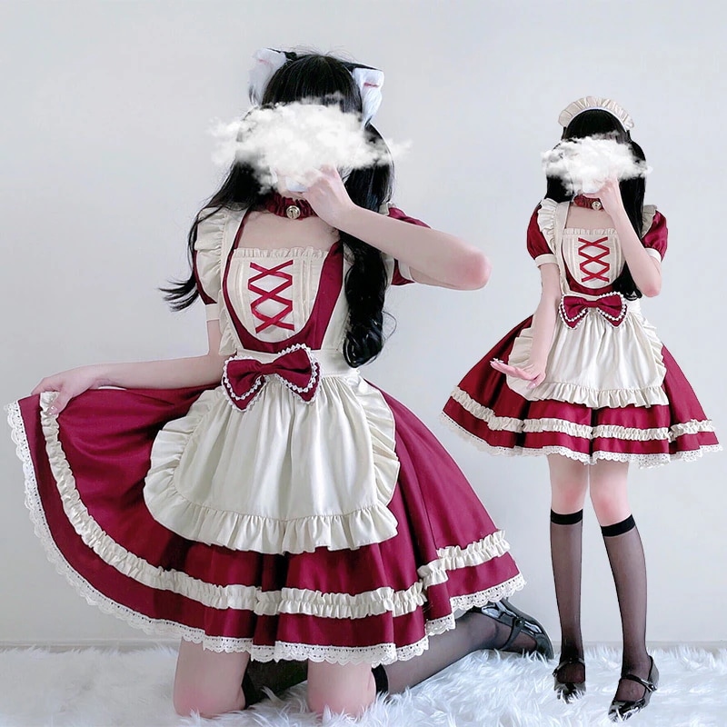 ヨーロッパの田園風の赤いコスメイド服半袖ドレスソフトガールロリータ甘いプラスサイズプリンセスパフィースカート
