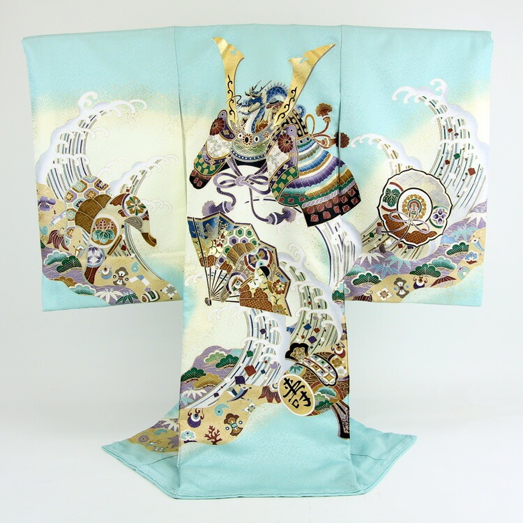 レンタル　お宮参り 男の子 着物 レンタル 水色地に兜と扇鞍小槌松に波お宮参り レンタル 衣装 男児 祝着　初着 産着 レンタル衣装 青 ブルー