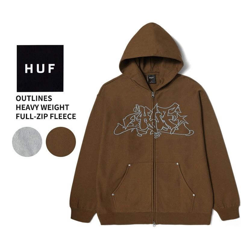 ハフ メンズ ジップパーカー HUF Outlines Heavy Weight Full-Zip Fleece トップス フーディー フルジップ スウェットパーカー