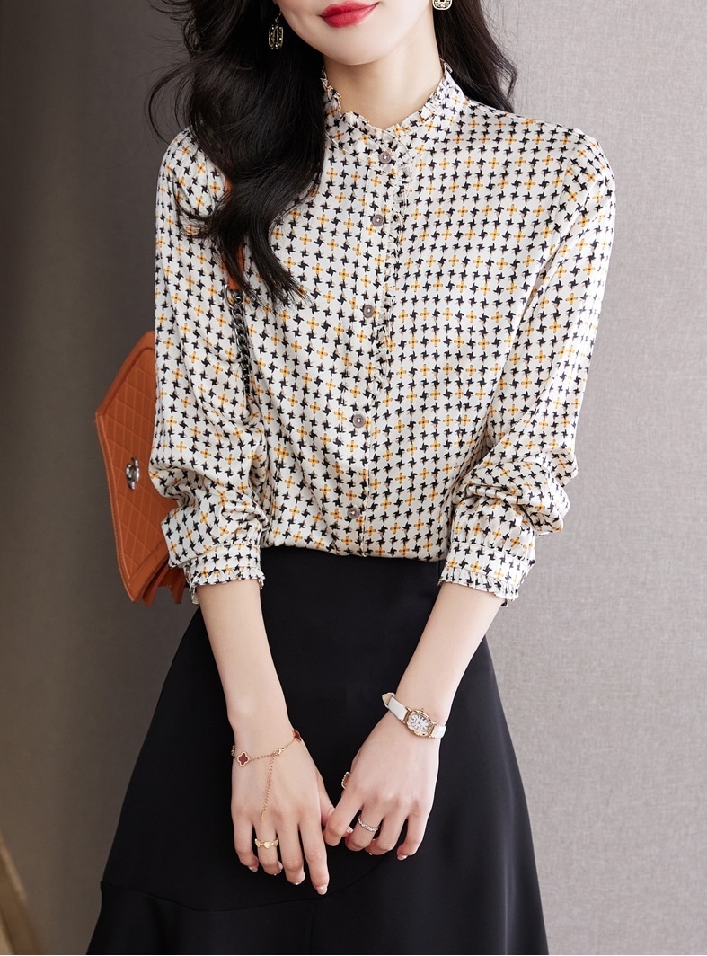 秋 エレガント 個性的なデザイン 花 フレンチ トップ シルクシャツ 女性 シルク サテン レイヤード シャツ M L XL XXL トップス 袖あり かわいい 大人可愛い きれいめ シンプル