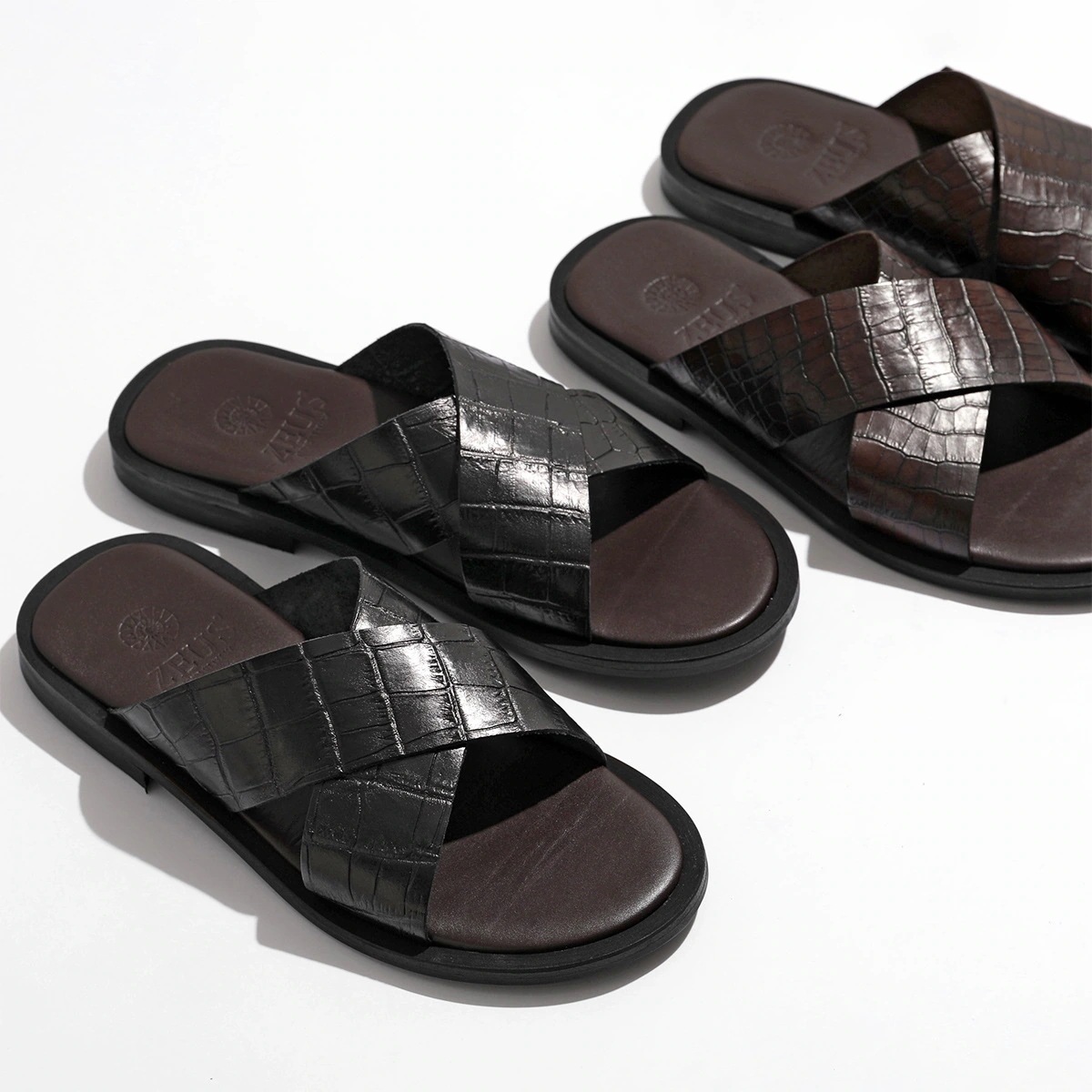 ZEUS ゼウス サンダル 22215 メンズ クロスベルト コンフォート スライドサンダル クロコダイル 型押し レザー シューズ 靴 カラー2色