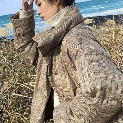 チェック柄 ダウン ジャケット コート もこもこ アウター レディース お洒落 大人かわいい 個性的 グレンチェック スタンドカラー シンプル きれいめ コート コットン 中綿 防寒 ジャンパー ブル