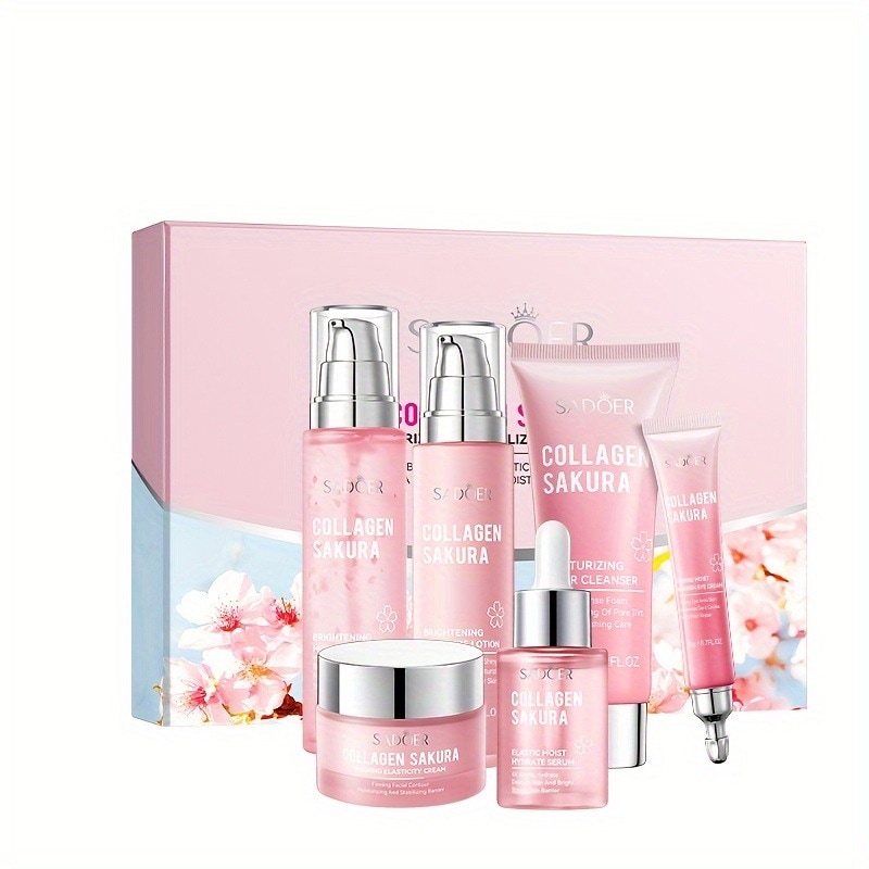 6ピース SADŌER コラーゲン サクラ チェリー ブロッサム エッセンス フェイシャル スキンケア セット - アルコールフリーすべての肌タイプに優しいグリセリンとアラントイン配合カップルへ