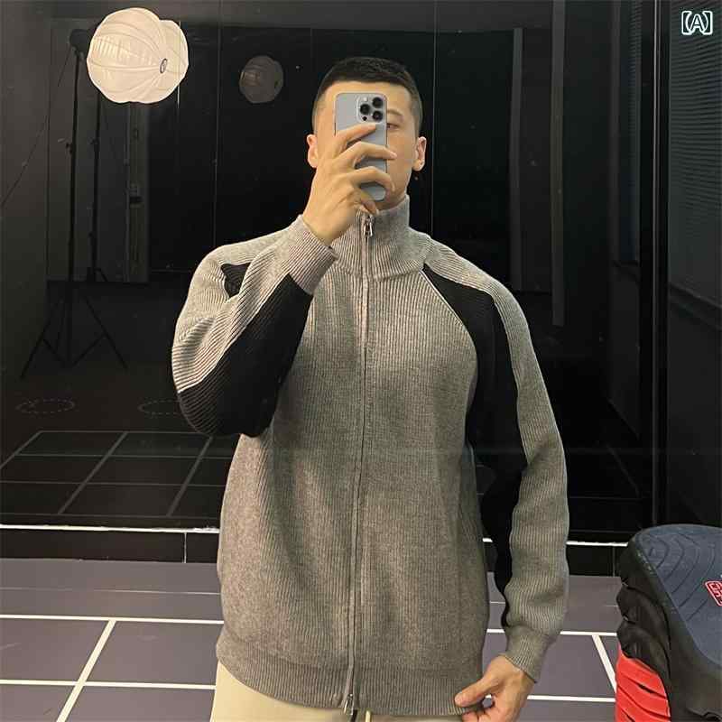 カーディガン メンズ セーター ニット スタンドカラー ジッパー ジップアップ カジュアル スポーツ ジャケット フィットネス トップス 秋冬 グレー ブラック パープル