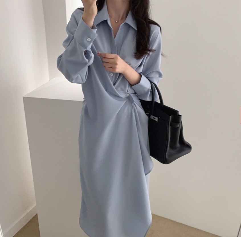 シャツワンピ シャツワンピース アシメ アシンメトリー ワンピース ひざ丈 ミモレ ミモレ丈 ミディアム丈 ミドル ミドル丈 袖あり 長袖 Vネック 襟付き ラペルカラー 薄手 かわいい 大人可愛い