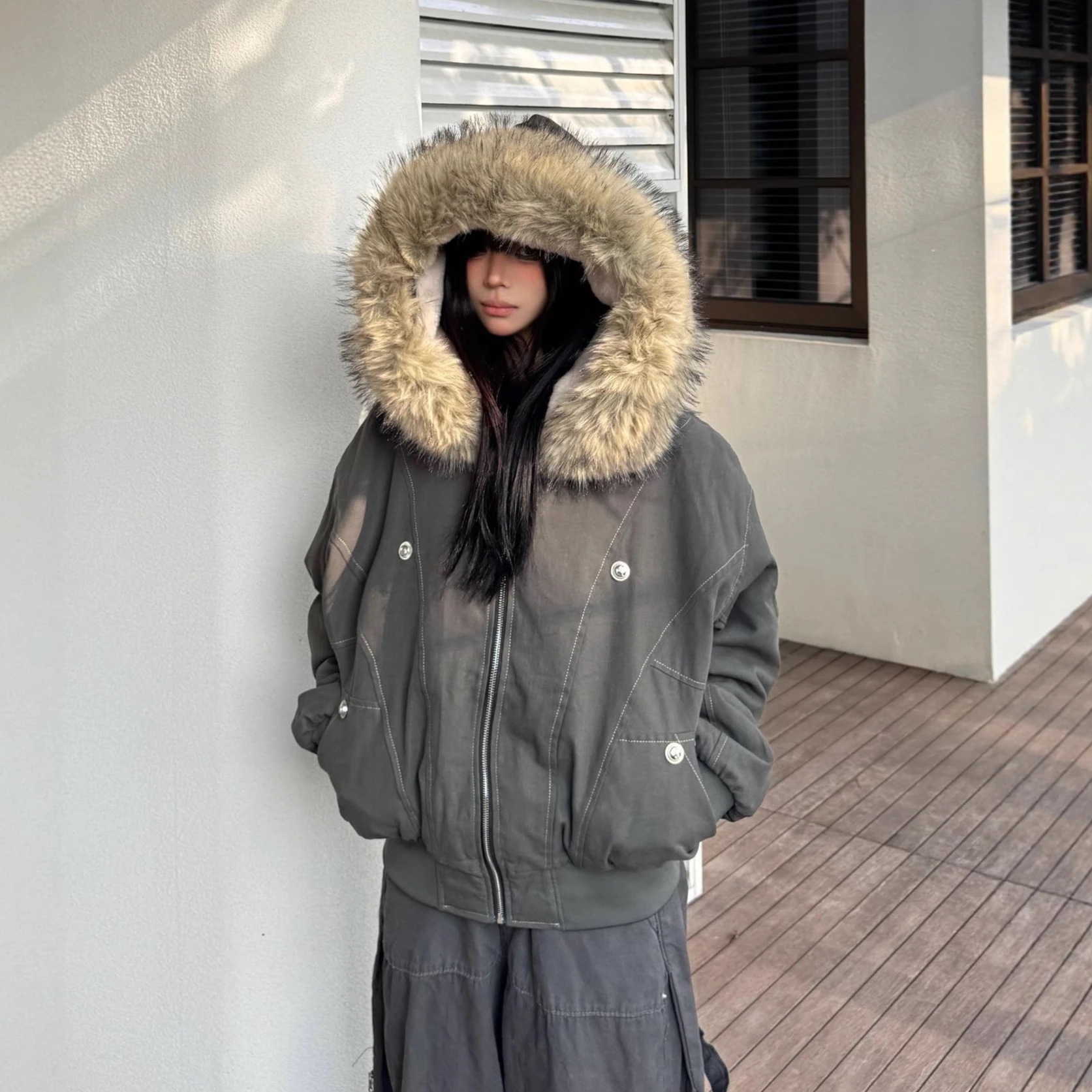 【早得!!特別価格】2025 秋冬ふっくら中綿 裹起毛 ジャケットフード付き厚手防寒あったかアウター 暖かい羽織るかわいいジップアップフェイクムートン長袖トレンド裏レトロサイズシルエットステッチ韓国フ