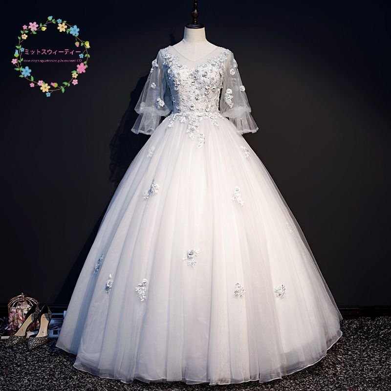 ロングドレス 袖あり 演奏会用ドレス パーティードレス 白 披露宴 結婚式 花 花嫁 ホワイト ウエ