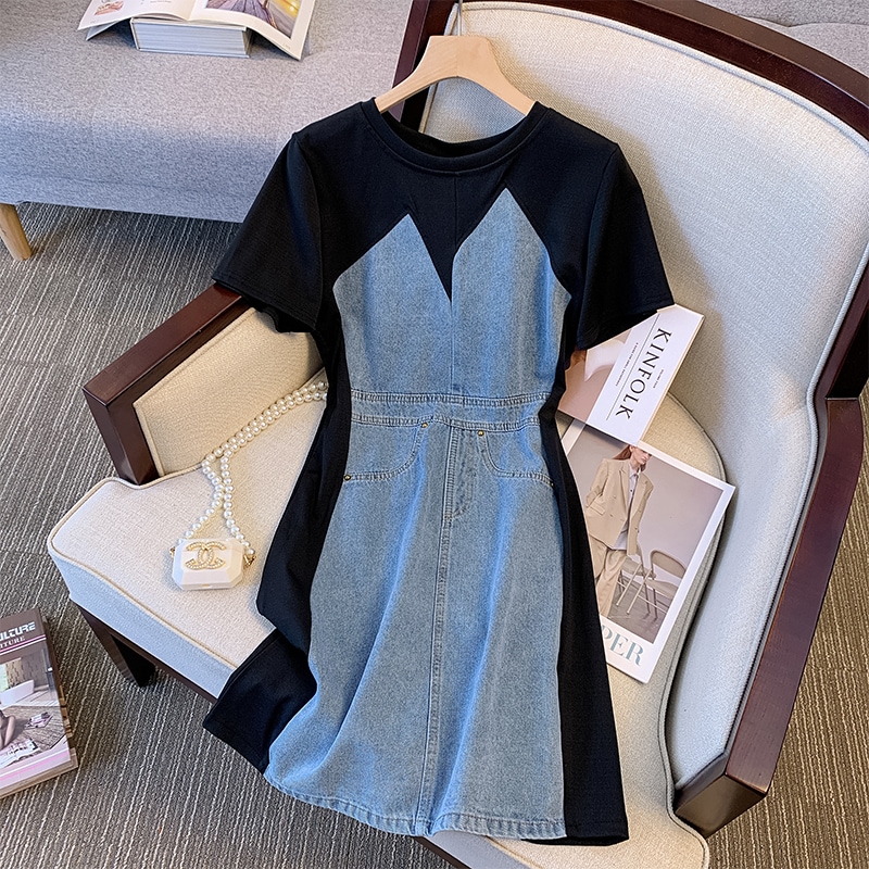 ワンピース フレアワンピース デニムワンピース ミニ ミニ丈 ショート ショート丈 袖あり 半袖 Uネック ラウンドネック フレア ウエストマーク 切り替えデザイン ドッキング デニム ブルーデニム