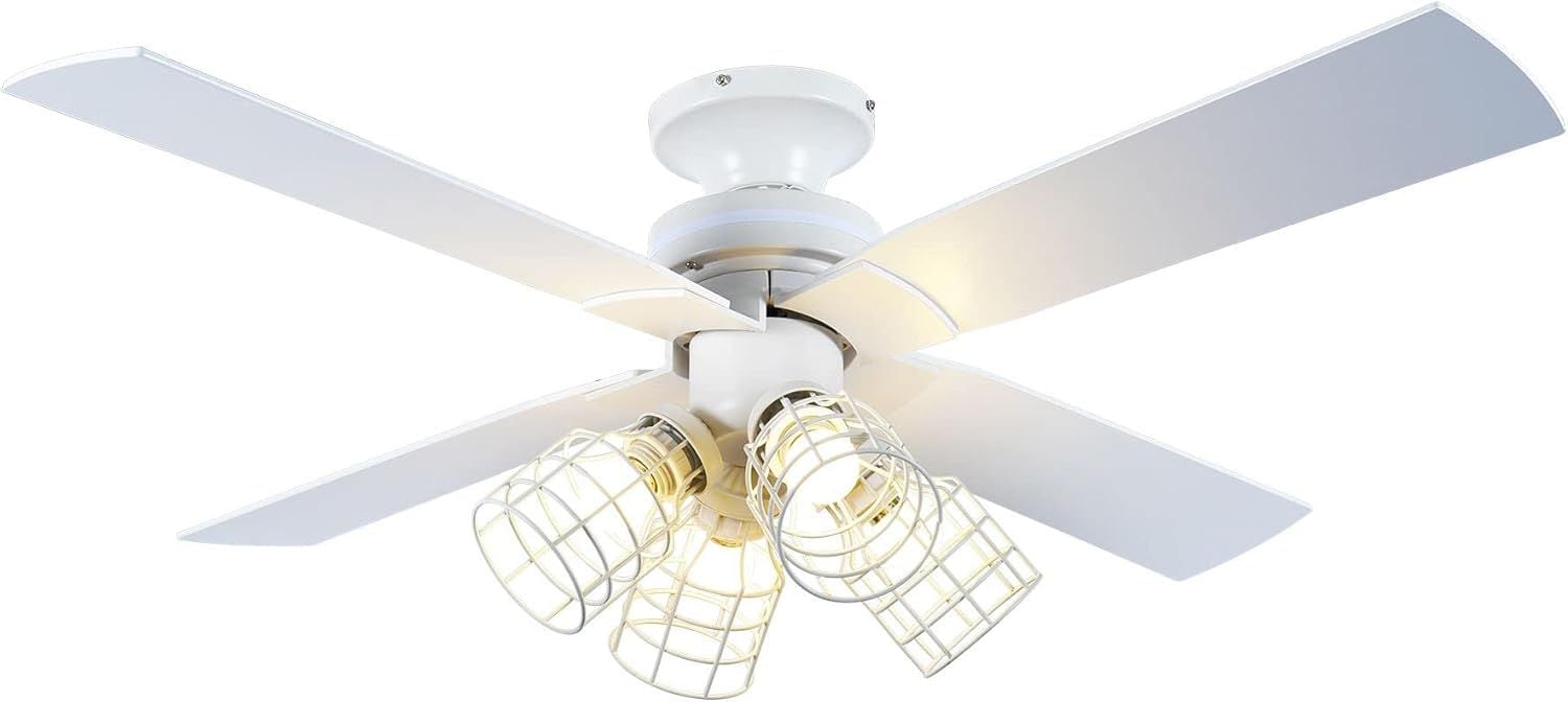 シーリングファンライト 4灯 リモコン式 木目調 ファン 省エネ 風量調節 天井照明 天井ファン 冷暖房効果 シーリングライト オシャレ 電気 LED (ホワイト)