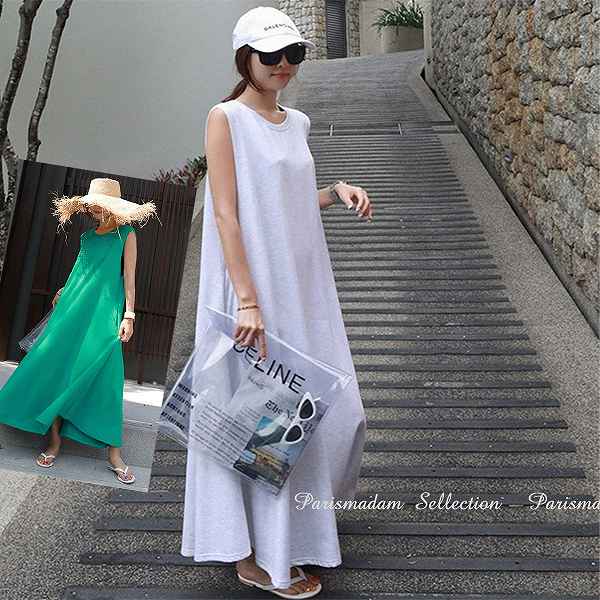 お买い得 Tシャツ素材　伸縮　ノースリーブ　フレアスカート　ロングワンピース　コットンラウンドネック　海 お出かけ女子会20代30代40代50代60代op-2408-15
