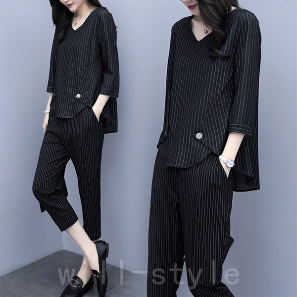 セットアップレディース春夏40代七分袖カジュアル2点セットトップスシャツストライプ七分丈パンツ大きい 母の日