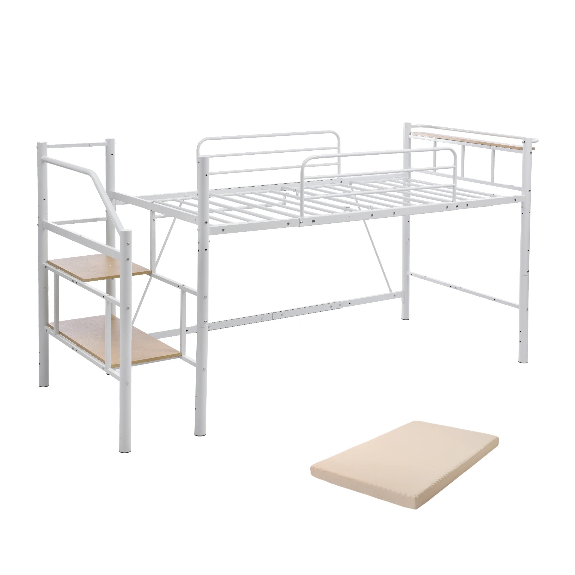 252【マットレス付き】ロフトベッド パイプベッド シングル 耐荷重150kg 高さ130cm システムベッド ロータイプ 棚 収納 北欧風 大人 一人暮らし ハンガーポール4本付属 送料無料 スチー