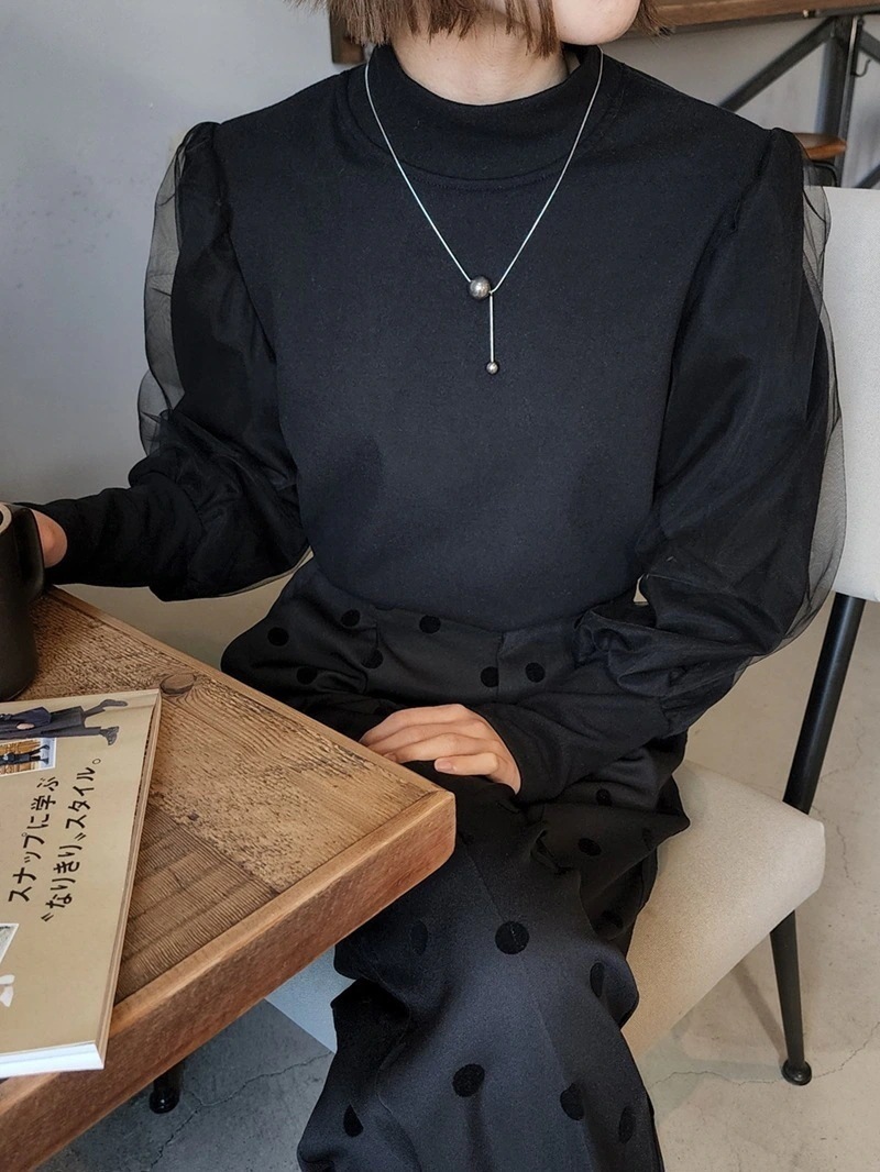 春 夏 高級感 メッシュ 切り替え シャツ トップス ランタン袖 ブラウス レディース 着痩せ 気質 リボン レース