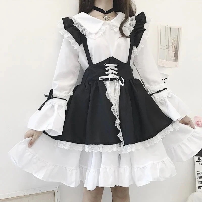秋 レディース 少女 メイド服 ３点セット(丸襟 長袖 蝶結び付き ワンピース+黒 レース チュ 母の日のプレゼント