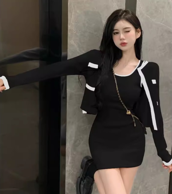 2点セット セットアップ カーディガン ワンピース 膝上 長袖 袖あり ハイウエスト 前開き ボタン かわいい 大人可愛い シンプル おしゃれ レトロ 主役級 存在感 キュート 無地 春 秋