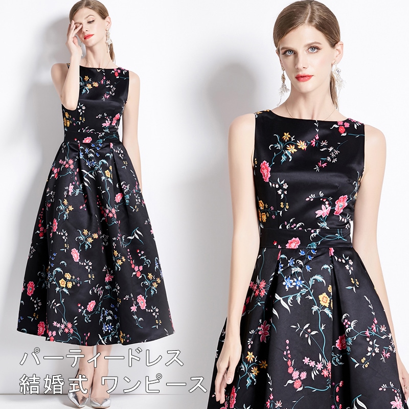 新作 パーティードレス 結婚式 花柄 ワンピース ロング丈 ノースリーブ ワンピース フォーマルドレス お呼ばれ ドレス フォーマル 服 服装 ミセス ブライズメイド 大人 上品 20代30代40代
