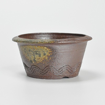 盆栽鉢 作家鉢　4号　フチ底櫛目中深鉢　伊藤光伸作　幅13cm高さ7cm　 陶器