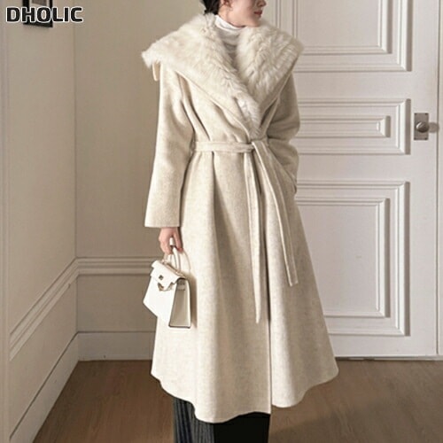 ウールフォックスファービッグカラーロングコートストラップ付・1950699