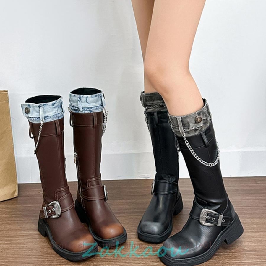 ロングブーツ レディース ローヒール 厚底 エンジニア サイドシッパー エンジニアブーツ 黒 コスプレ バックル ローヒール 美脚 ロング 太ヒール 歩きやすい