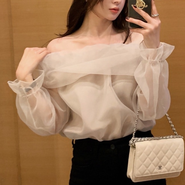 シャツ レディース 大きいサイズ トップス シフォンシャツ 袖あり 長袖 ボリューム袖 オフショルダー オフショル 襟なし 透け感 薄手 かわいい 大人可愛いエレガント カジュアル 大人 上品 お洒落