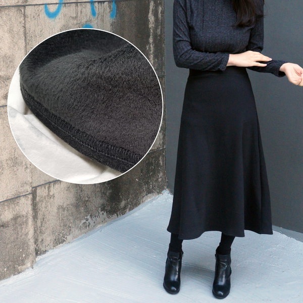絨 ミンク 裏地 ロングスカート バンディング 冬 起毛 ブラック フレア