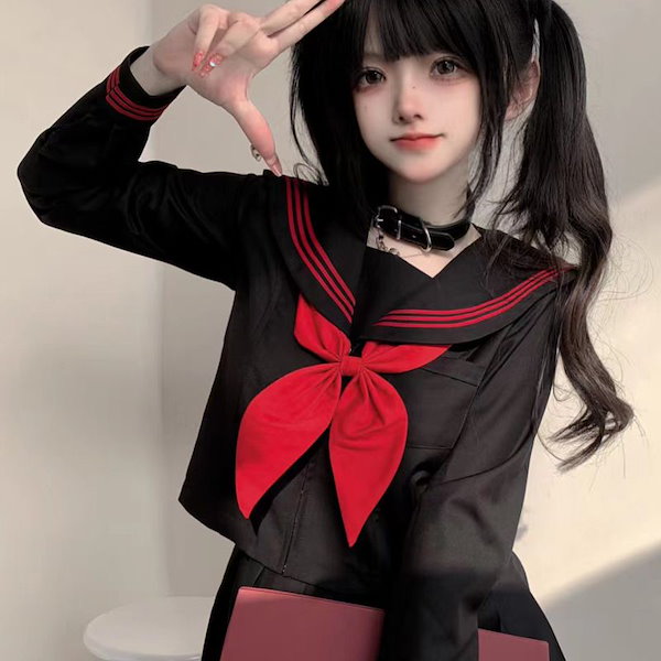Qoo10] 正規品jk制服黒赤赤三冊セーラー服基礎モ