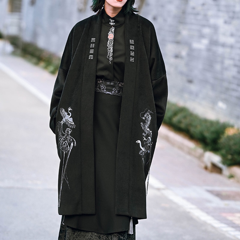 ロングコート ノーカラーロング丈 秋冬 レディース 刺繍 ラシャコート オーバーサイズカーディガン 厚手 防風