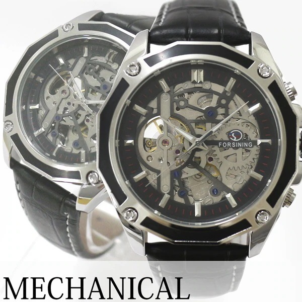 自動巻き腕時計 ATW041-SVBK オクタゴンケース フルスケルトン腕時計 多角形 腕時計